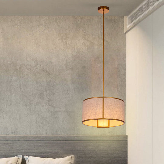 Minimalist Single-Light Fabric Drum Pendant For Living Room With 47 Carbon Steel Rod