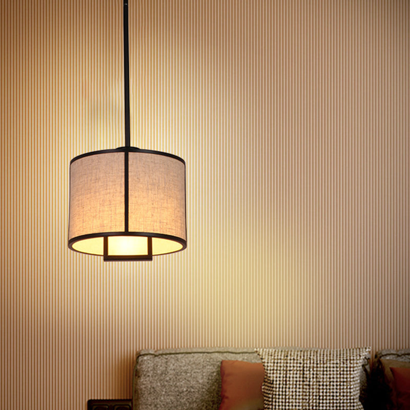 Minimalist Single-Light Fabric Drum Pendant For Living Room With 47 Carbon Steel Rod