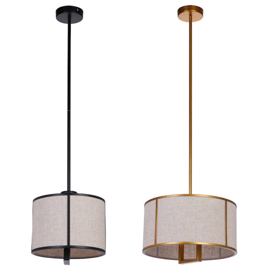 Minimalist Single-Light Fabric Drum Pendant For Living Room With 47 Carbon Steel Rod