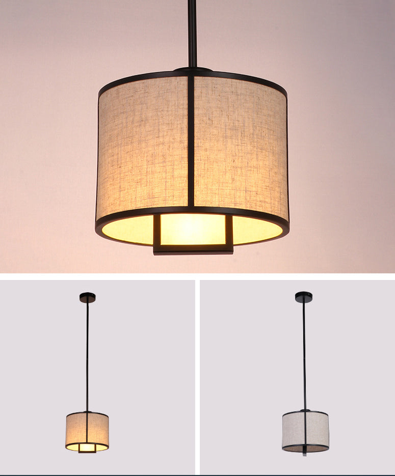 Minimalist Single-Light Fabric Drum Pendant For Living Room With 47 Carbon Steel Rod