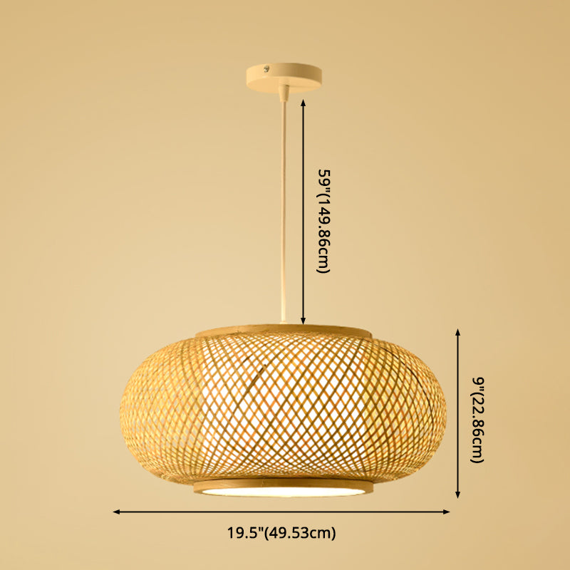 Asian Style Bamboo & Rattan Weaving Drum Pendant Lamp Beige