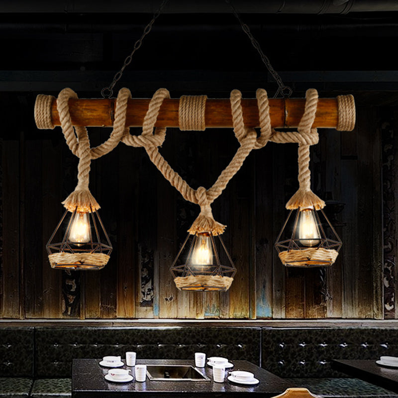 Sophie’s Rustic 3-Light Island Pendant With Beige Hemp Rope Shade For Restaurant Suspension Light