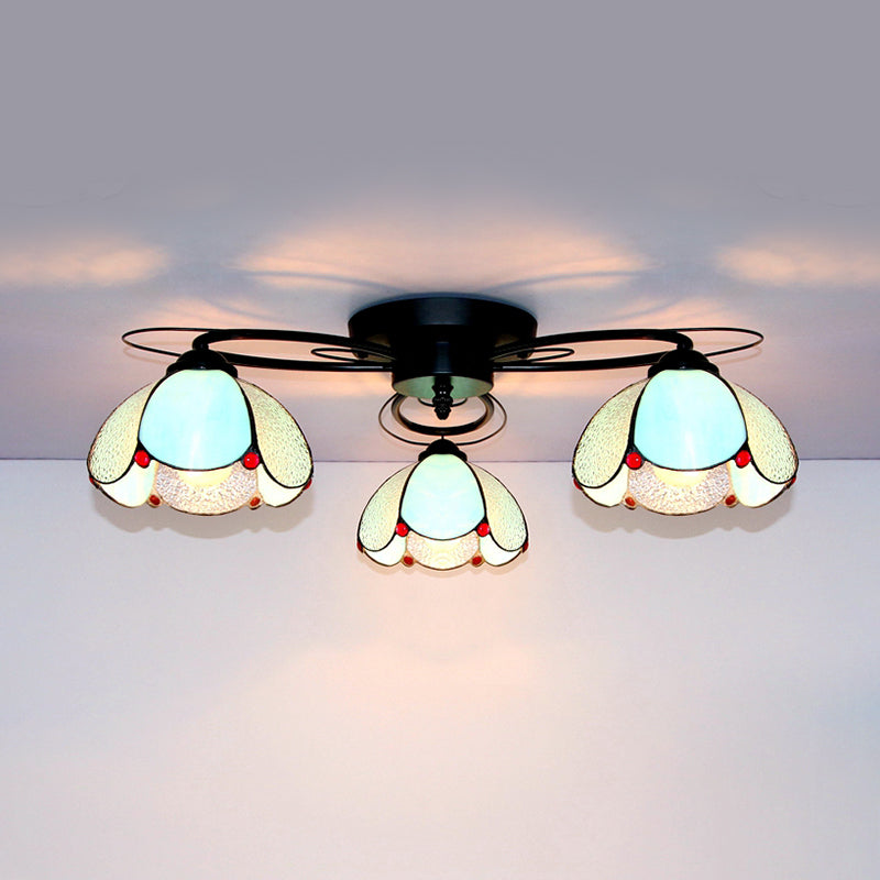 Victorian Stained Glass Ceiling Fixture - Dome Shape Black Flush Mount With 3 Lights / Blue Diamond