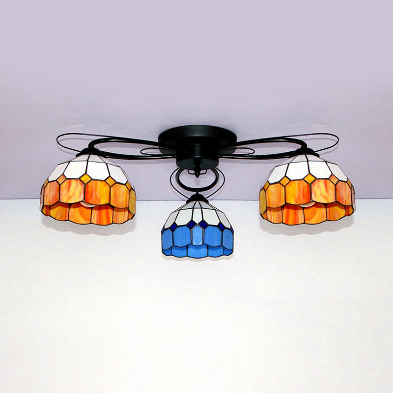 Victorian Stained Glass Ceiling Fixture - Dome Shape Black Flush Mount With 3 Lights
