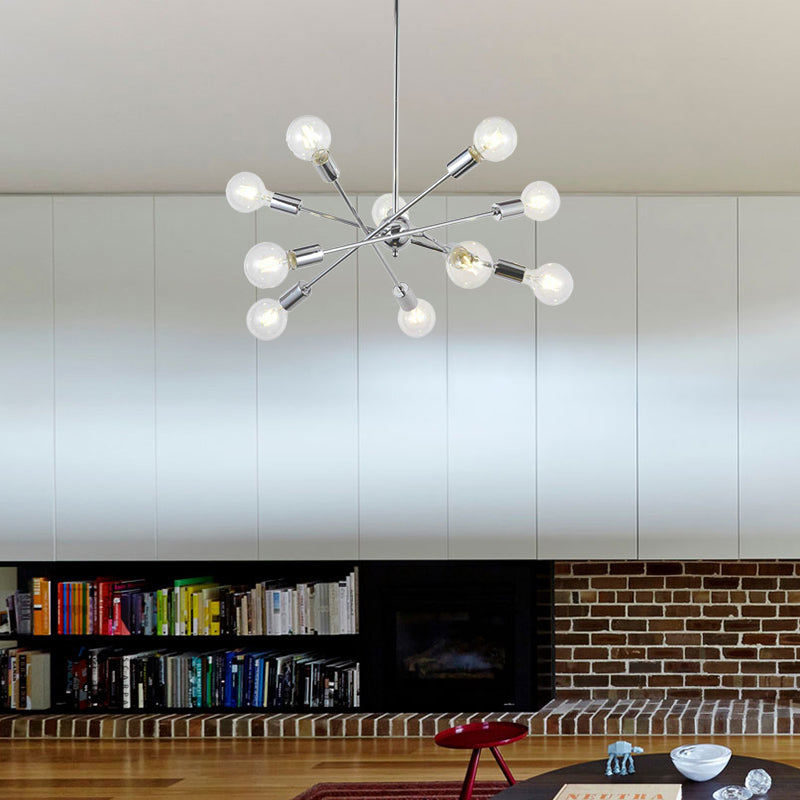 Sputnik Hanging Chandelier Light - Industrial Metal 6/8/10 Bulb Living Room Pendant In Brass/Chrome