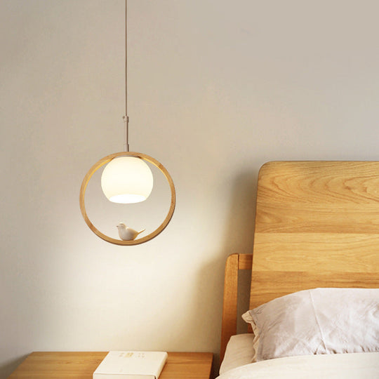 Contemporary Round Natural Wood Pendant Light - Bedroom Hanging Lamp With Bird Accent