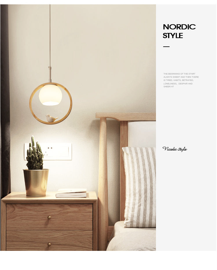 Contemporary Round Natural Wood Pendant Light - Bedroom Hanging Lamp With Bird Accent