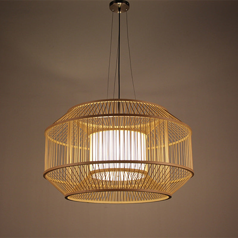 Chinese Style Bamboo Lantern Pendant: Beige Round Hanging Light For Dining Table - 1 Bulb