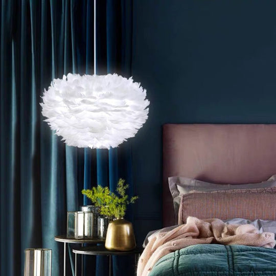 Modern Nordic White Feather Globe Pendant Light For Bedroom Ceiling
