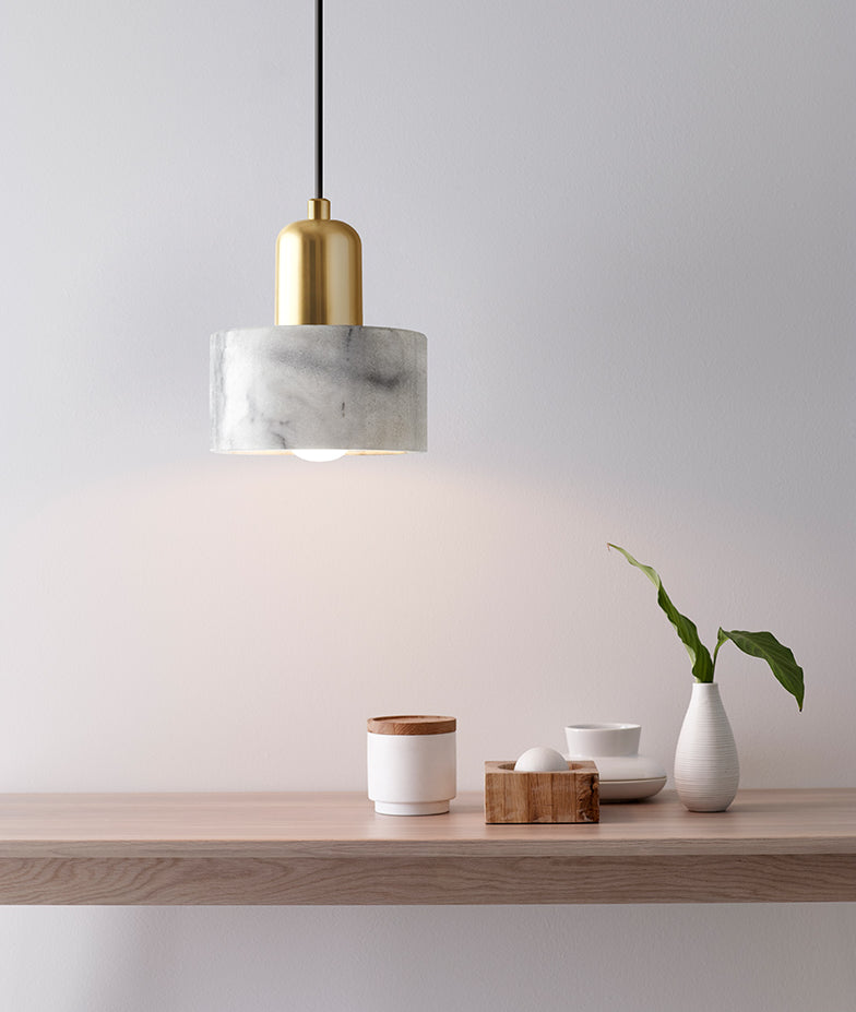 Marble Hanging Light With Gold Lamp Socket - Modern Mini Pendant For Bedroom