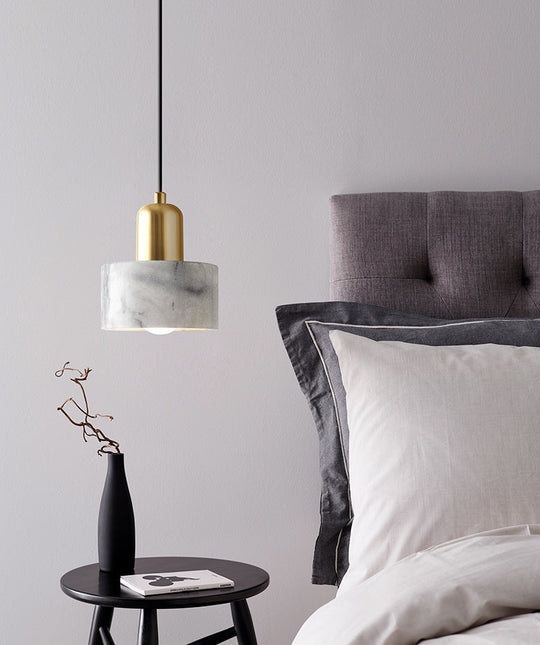 Marble Hanging Light With Gold Lamp Socket - Modern Mini Pendant For Bedroom