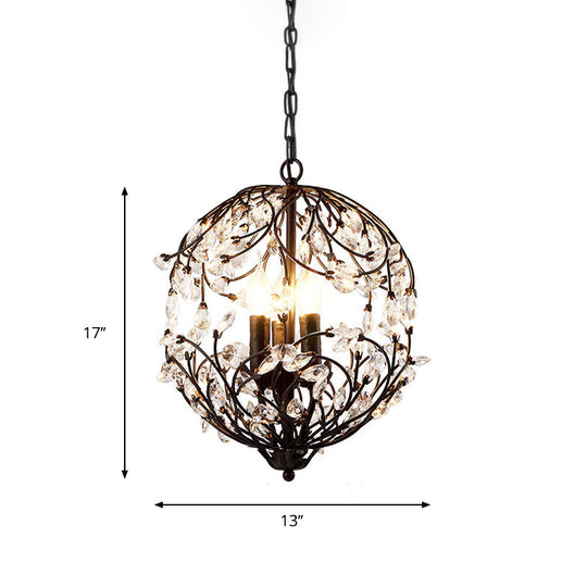 Floral Sphere Hanging Chandelier: Traditional 3-Light Black/Bronze Iron Lamp With Crystal Accent