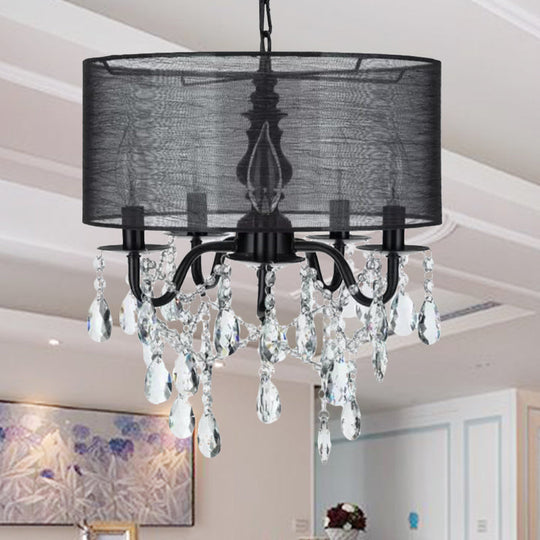 Lustre suspendu classique en tissu rond noir à 5 ampoules avec accents de cristal