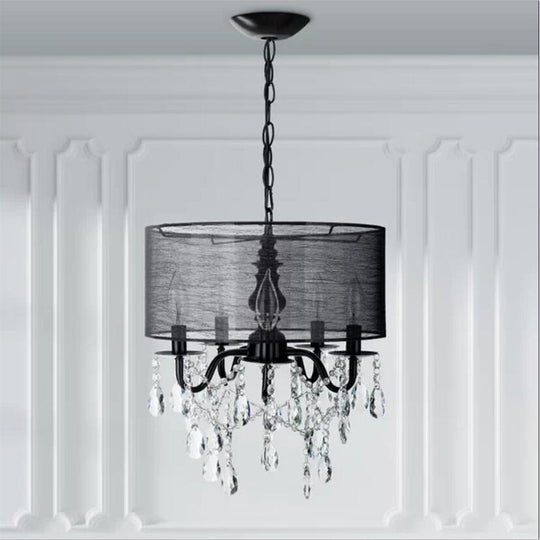 Lustre suspendu classique en tissu rond noir à 5 ampoules avec accents de cristal