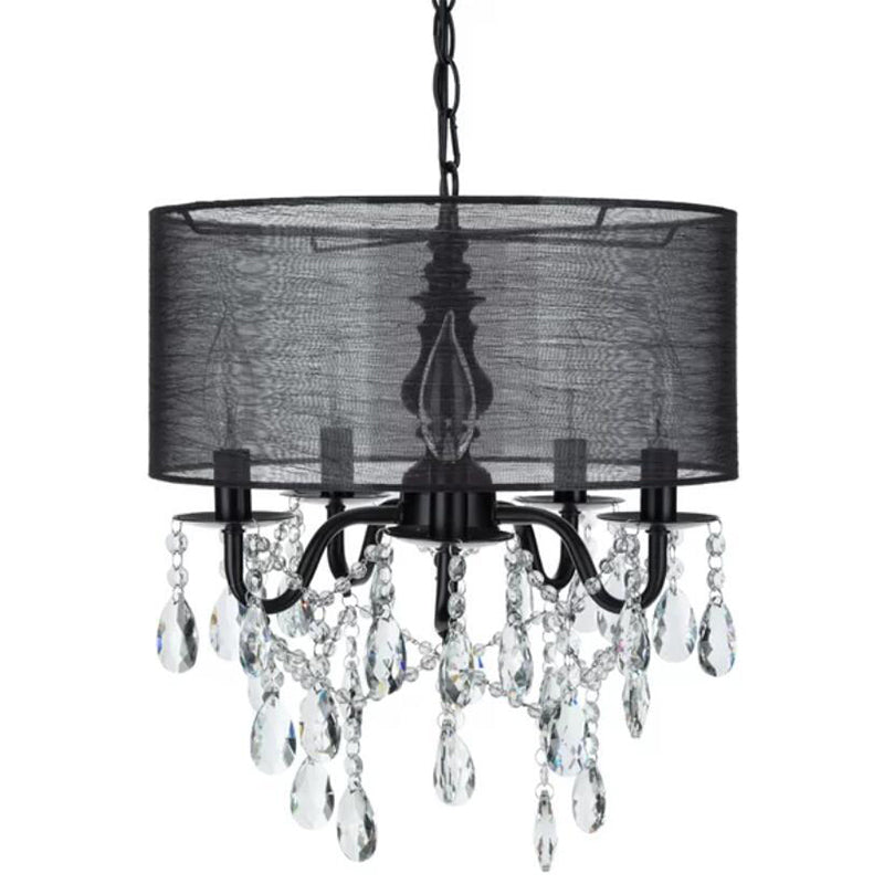 Lustre suspendu classique en tissu rond noir à 5 ampoules avec accents de cristal