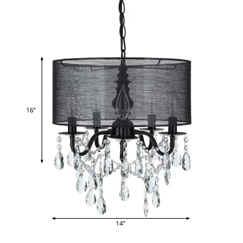 Lustre suspendu classique en tissu rond noir à 5 ampoules avec accents de cristal