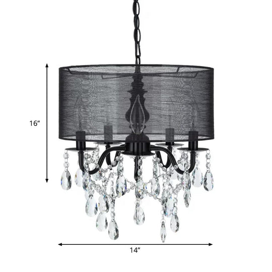 Lustre suspendu classique en tissu rond noir à 5 ampoules avec accents de cristal