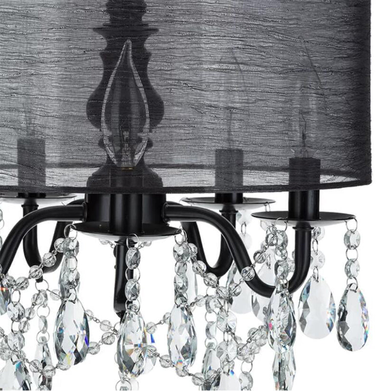 Lustre suspendu classique en tissu rond noir à 5 ampoules avec accents de cristal
