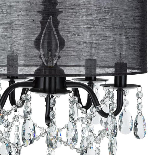 Lustre suspendu classique en tissu rond noir à 5 ampoules avec accents de cristal