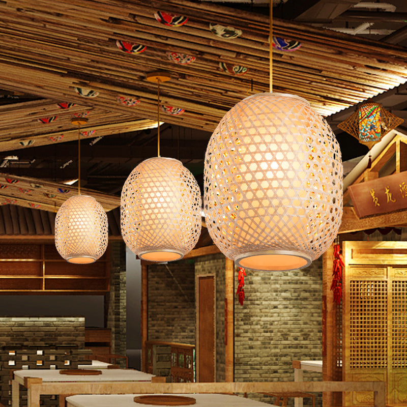 Bamboo Lantern Suspension Pendant: Retro Wood Hanging Light Kit With Fabric Shade