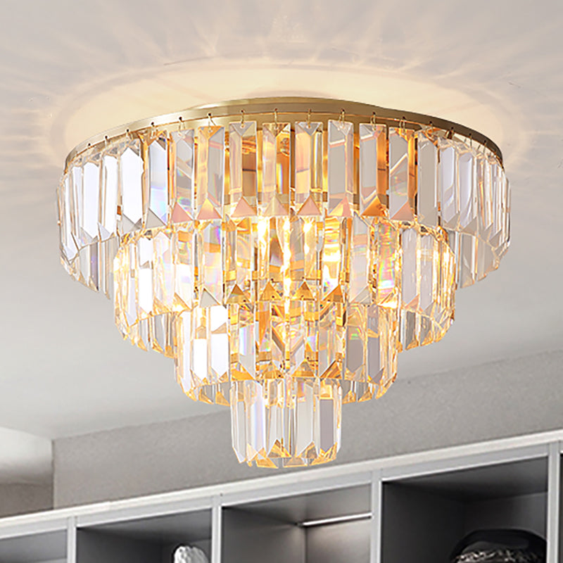 Vintage Crystal Block Flush Mount Lamp - 16/19.5 Dia 5/6 Heads Gold Finish