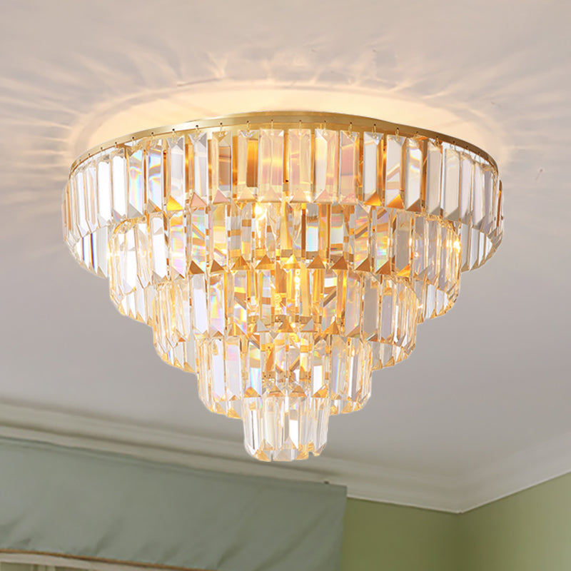 Vintage Crystal Block Flush Mount Lamp - 16/19.5 Dia 5/6 Heads Gold Finish / 19.5