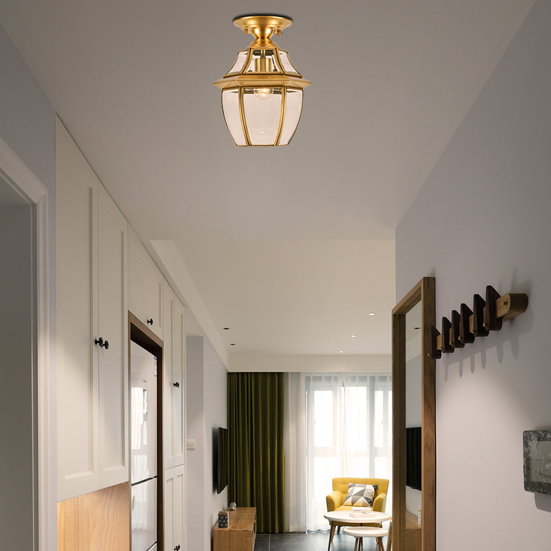 Clear Bevel Glass Lantern Bedroom Flush Mount Light - Colonial 1-Bulb Brass Ceiling Lamp