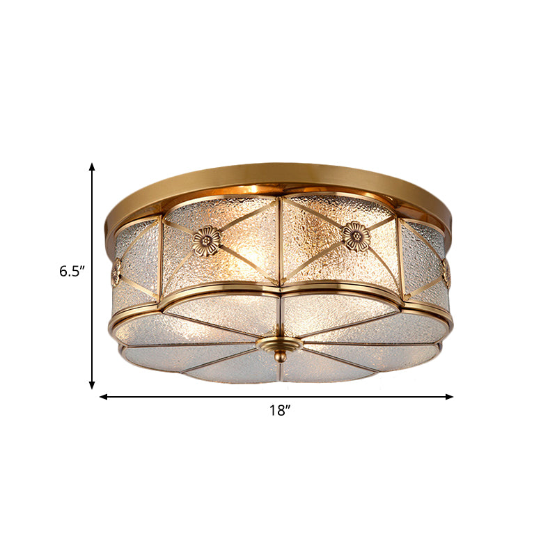 Scalloped Glass Bedroom Flush Mount Light - 14/18 W Colonial Brass Lamp With Seedy Shade Close To