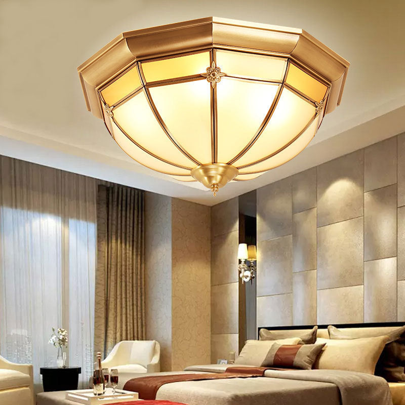 Colonial White Glass Dome Ceiling Light Fixture For Bedroom - Brass Flush Mount 3/4/6 Heads