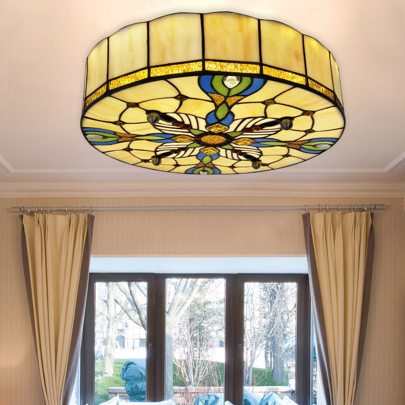 Tiffany Lodge Stained Glass Ceiling Light With Beige Shade - Perfect For Dining Room / 16’