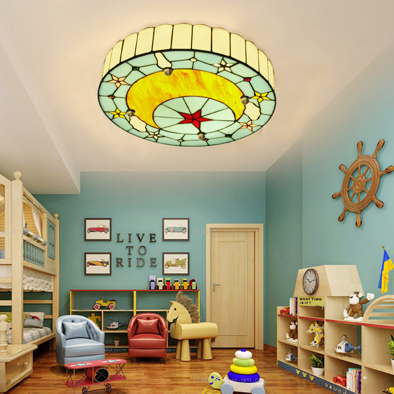 12’/16’ W Moon Flush Ceiling Light: Modern Tiffany Stained Glass Semi Mount In Blue