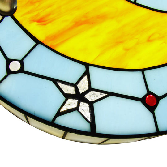 12’/16’ W Moon Flush Ceiling Light: Modern Tiffany Stained Glass Semi Mount In Blue