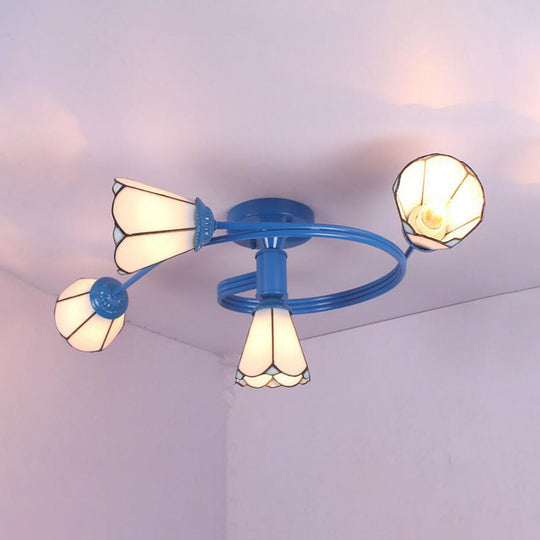 Mediterranean Style Blue Twig Half Ceiling Lamp With Colorful Glass And Radial Design - 4 Heads