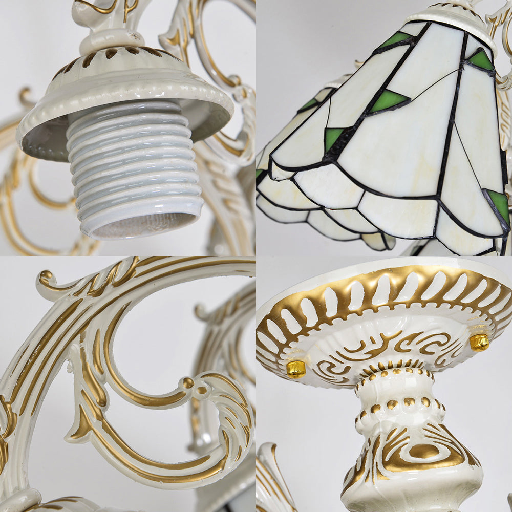 Vintage Lodge Stained Glass Semi Flush Ceiling Light In White/Antique Brass With Conical Design -