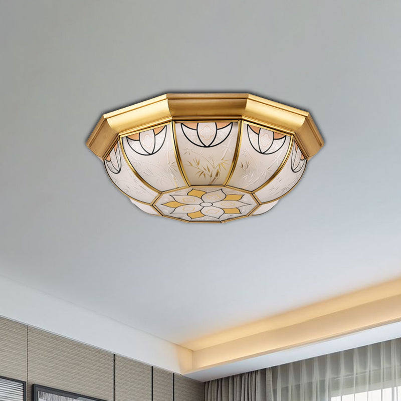 Dining Room Ceiling Light Fixture - 4-Light Flush Mount In Colonial Brass With Frosted Glass