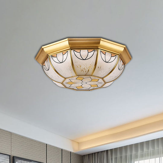 Dining Room Ceiling Light Fixture - 4-Light Flush Mount In Colonial Brass With Frosted Glass