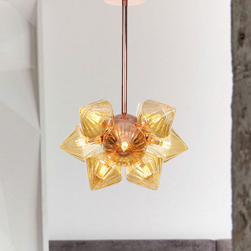 Stylish Farmhouse Chandelier Lamp: Diamond Amber/Clear Glass 9/12 Heads Copper/Gold Finish 9 /