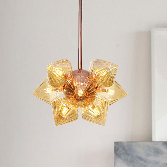 Stylish Farmhouse Chandelier Lamp: Diamond Amber/Clear Glass 9/12 Heads Copper/Gold Finish