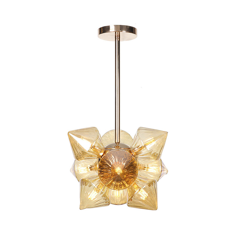Stylish Farmhouse Chandelier Lamp: Diamond Amber/Clear Glass 9/12 Heads Copper/Gold Finish