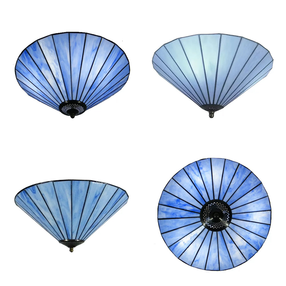 Tiffany-Style Cone Flush Mount Ceiling Light In Blue/White For Bedroom