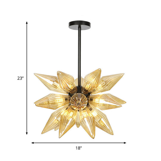 Industrial Amber/Clear Ribbed Glass Pendant Lighting With Starburst Design - 9/12/15 Heads Bedroom