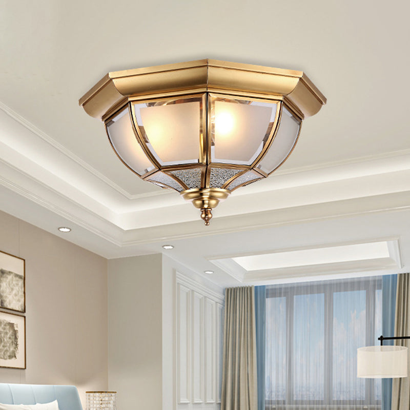 Faceted Clear Glass Dining Room Flush Lamp Traditional Brass Finish Ceiling Lighting - 14/18 Width