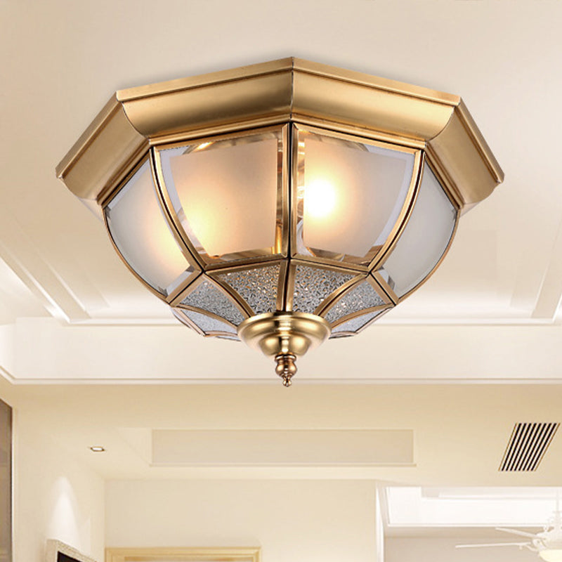 Faceted Clear Glass Dining Room Flush Lamp Traditional Brass Finish Ceiling Lighting - 14/18 Width