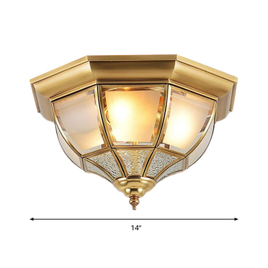 Faceted Clear Glass Dining Room Flush Lamp Traditional Brass Finish Ceiling Lighting - 14/18 Width
