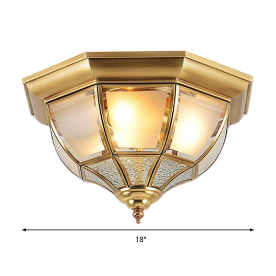 Faceted Clear Glass Dining Room Flush Lamp Traditional Brass Finish Ceiling Lighting - 14/18 Width