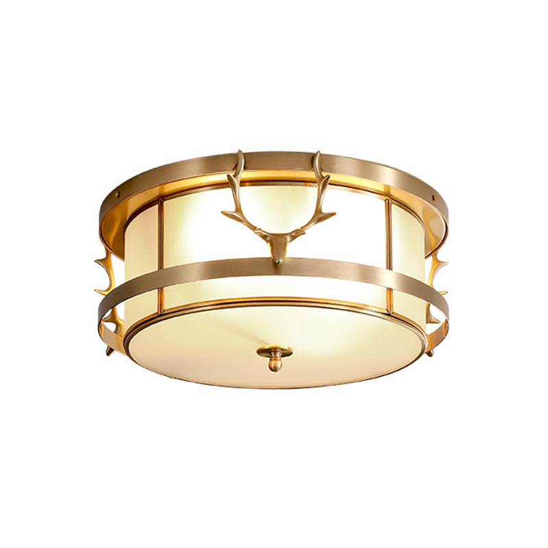 Vintage 4-Light Brass Antler Ceiling Lamp With Opal Glass Shade