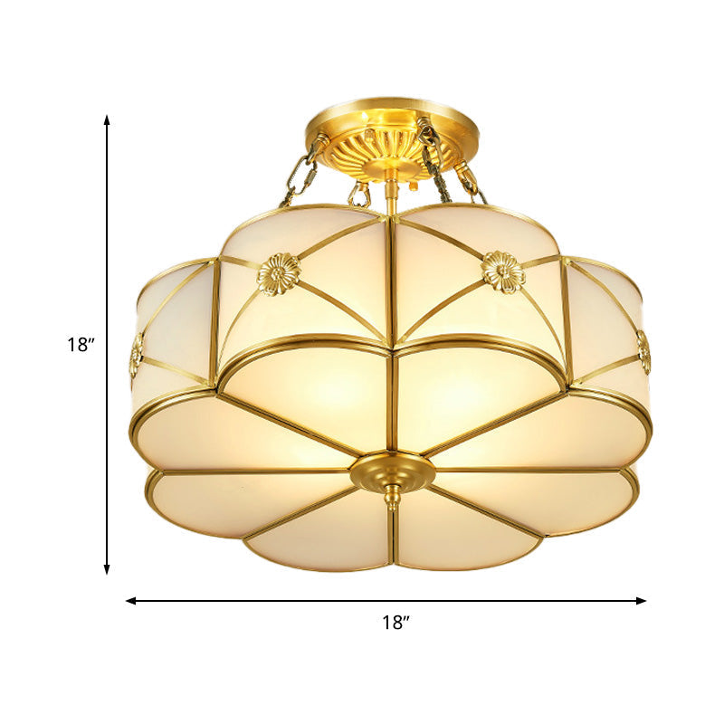 Vintage Ivory Glass Scallop Ceiling Lighting 4-Headed Bedroom Flush Mount In Brass