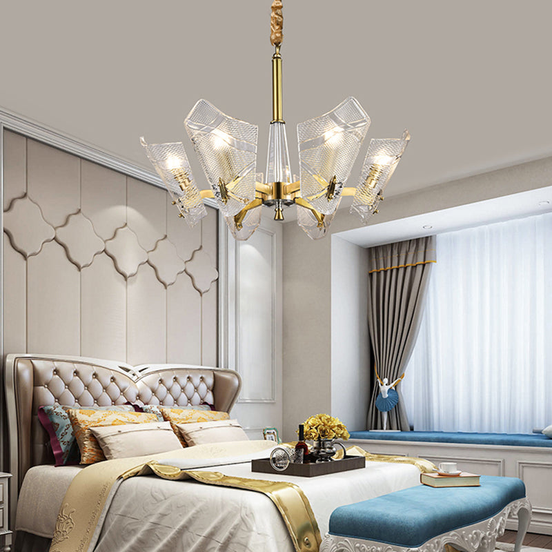 Postmodern Brass Chandelier With Clear Lattice Glass Shield 6/8 Heads Light Fixture