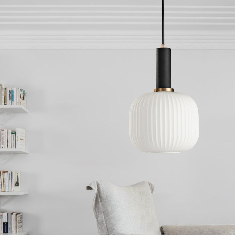 Macaron Black/Pink/Blue Pendant Dining Room Light With White Glass Shade - 5/8/12 Wide