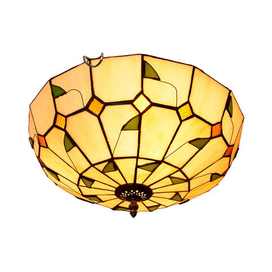 12’/16’ White Dome Tiffany Ceiling Lamp - Multicolored Stained Glass 2/3 Bulbs Flush Mount Lighting